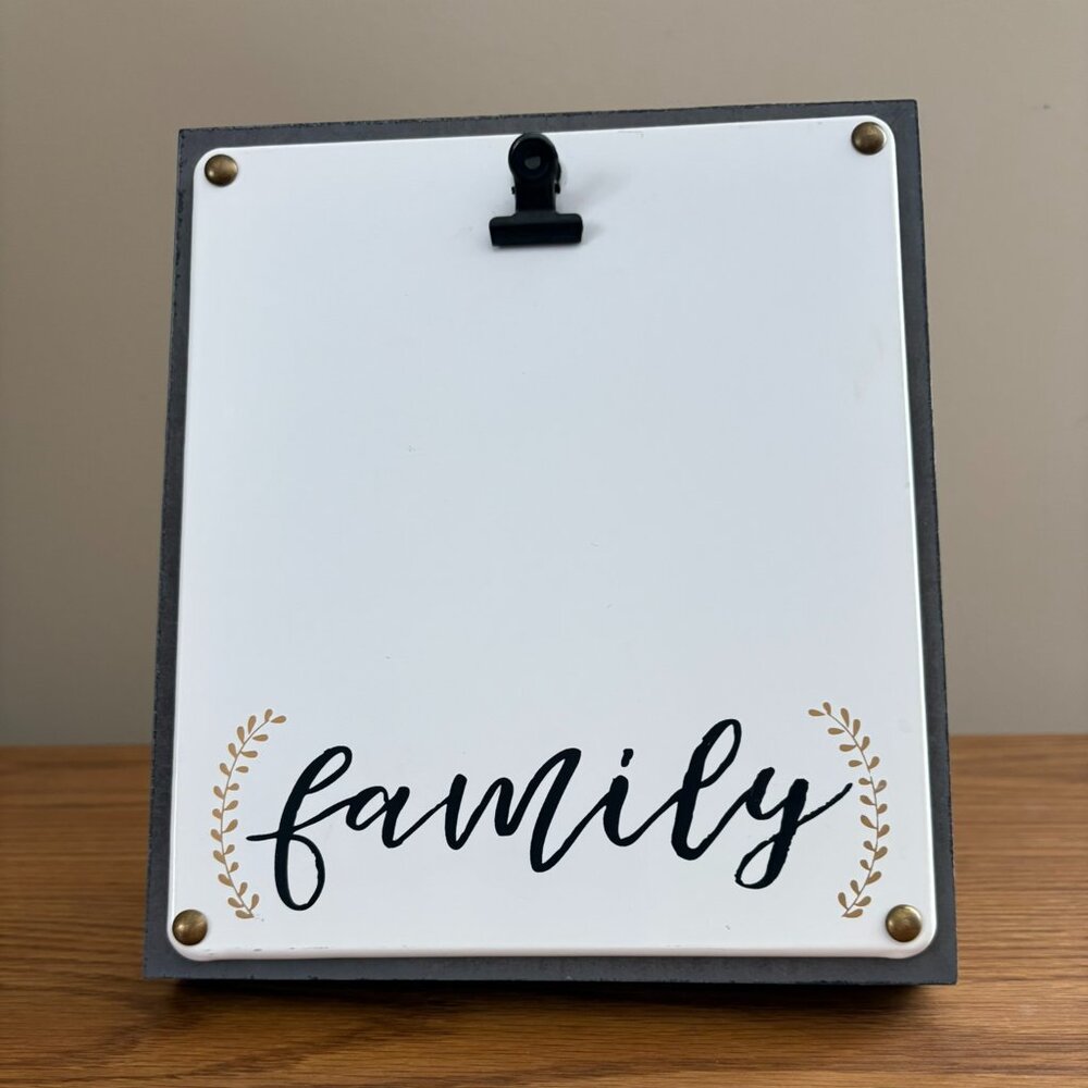 Family tabletop frame with clip to hold photos, 8" x 7"